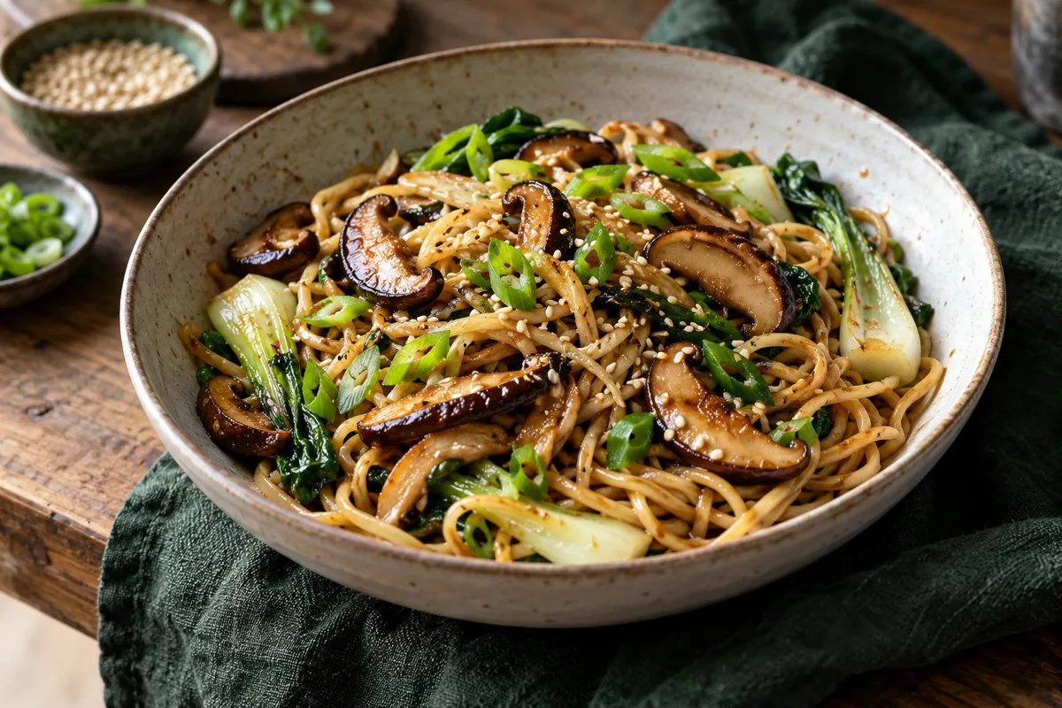 Nudeln mit gebratenem Shiitake, Ingwer, Pak Choi und Frühlingszwiebeln